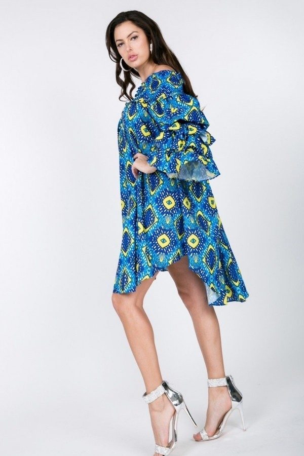 Smocked Off-Shoulder Midi Dress with Puffy Ruffle Sleeves – Sky Blue