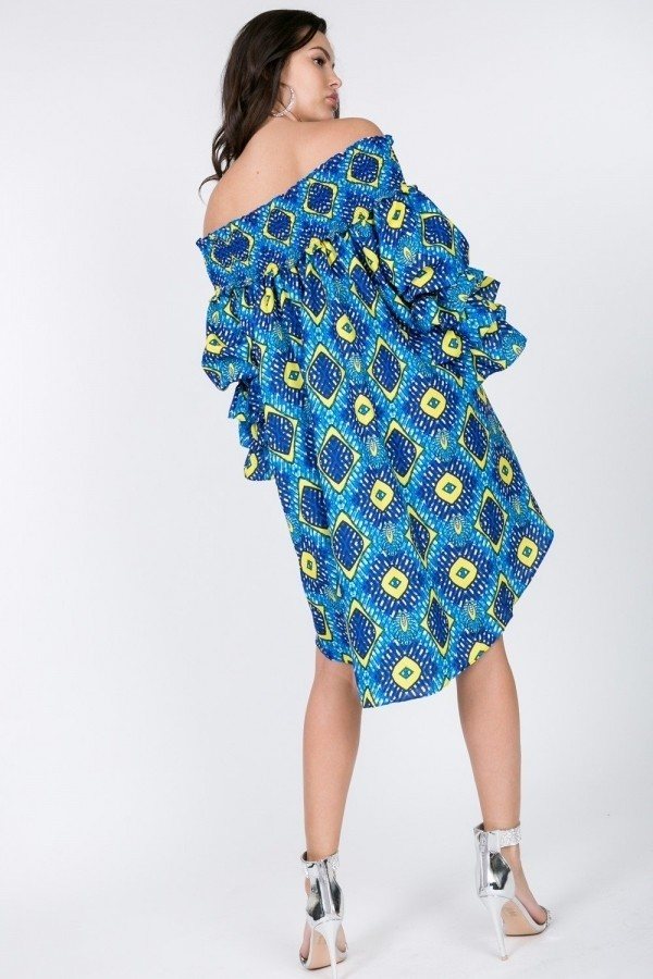 Smocked Off-Shoulder Midi Dress with Puffy Ruffle Sleeves – Sky Blue