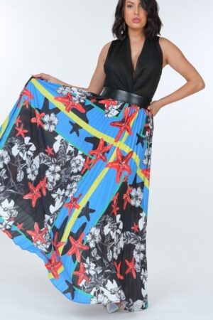 Pleated Maxi Skirt with Leather Waistband – Paradise Blue