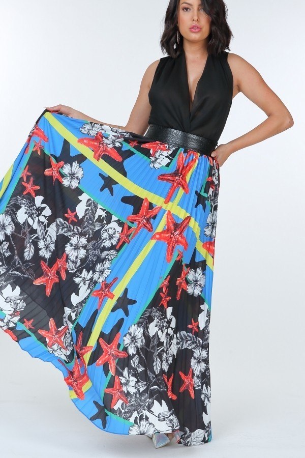 Pleated Maxi Skirt with Leather Waistband – Paradise Blue