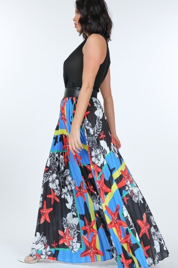 Pleated Maxi Skirt with Leather Waistband – Paradise Blue