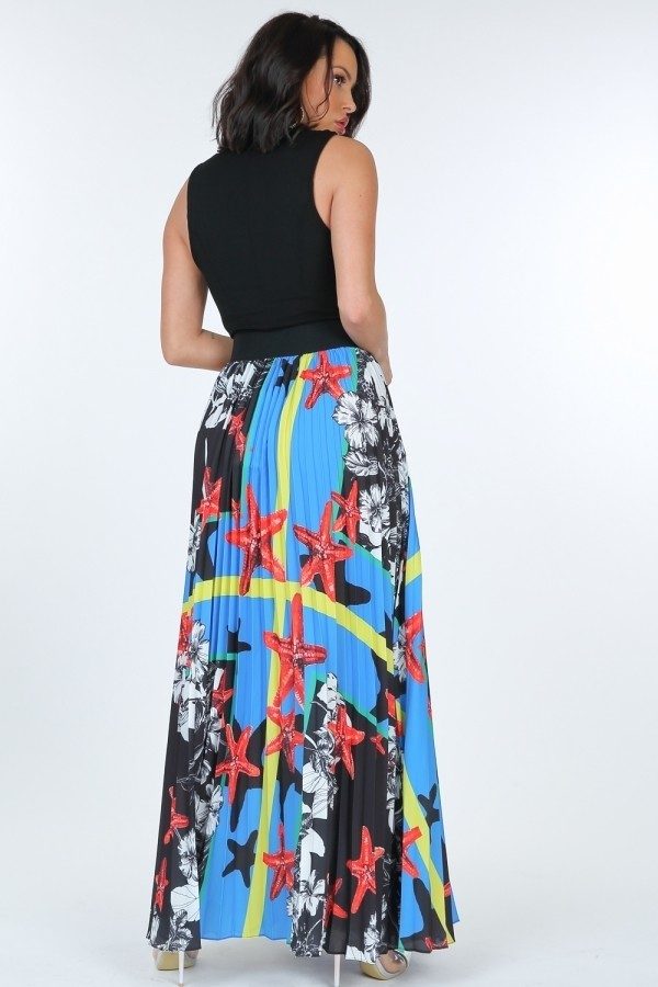 Pleated Maxi Skirt with Leather Waistband – Paradise Blue