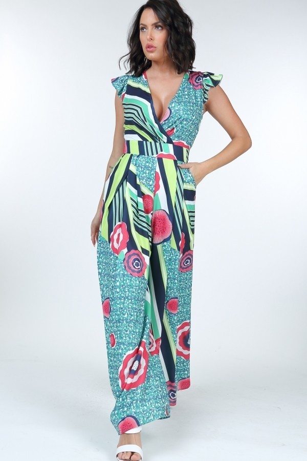 Ruffle-Sleeve Surplice Jumpsuit – Mint Multi