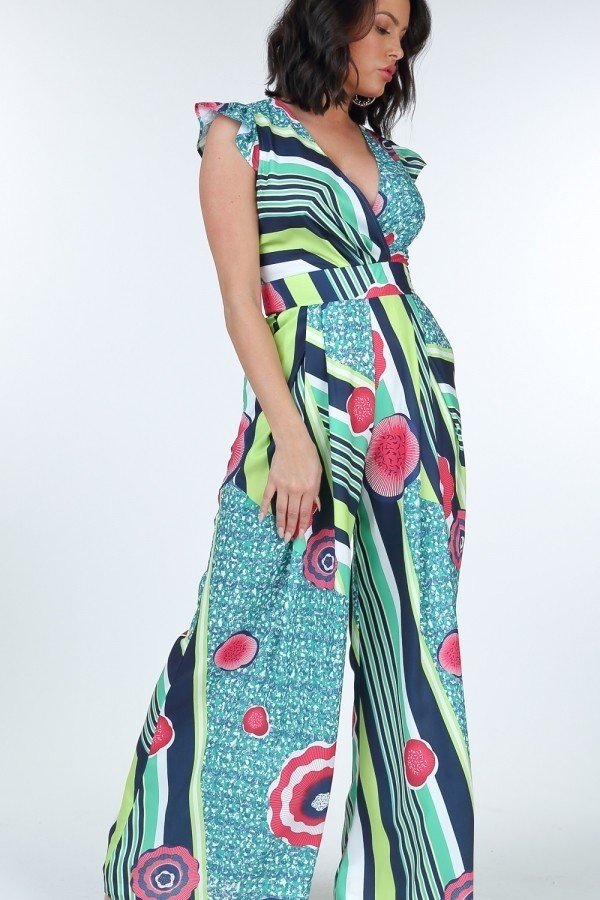 Ruffle-Sleeve Surplice Jumpsuit – Mint Multi