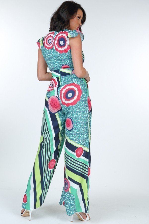 Ruffle-Sleeve Surplice Jumpsuit – Mint Multi