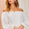 Off-Shoulder Long Bubble Sleeve Top – White