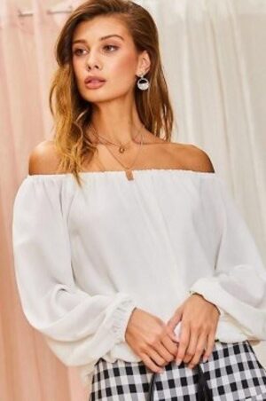 Off-Shoulder Long Bubble Sleeve Top – White
