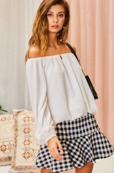 Off-Shoulder Long Bubble Sleeve Top – White