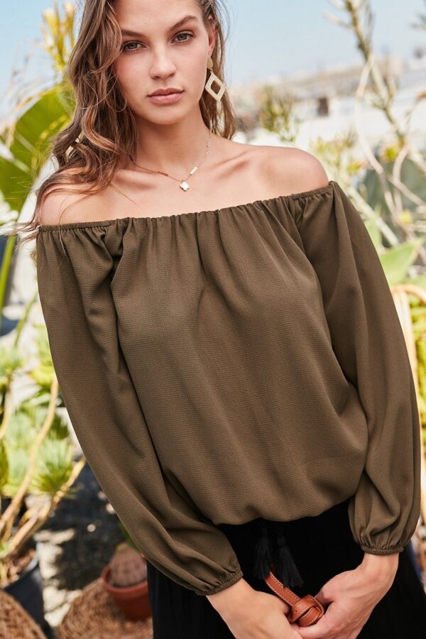 Women’s Off-Shoulder Bubble Sleeve Top – Olive