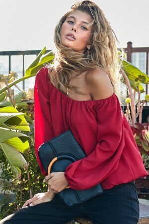 Off-Shoulder Bubble Sleeve Top – Burgundy