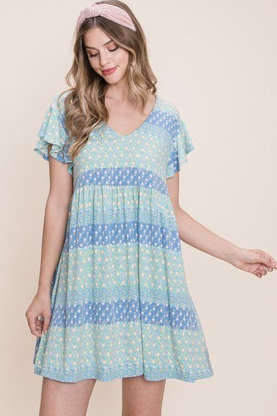 Floral Babydoll Mini Dress with Ruffle Sleeves – Blue