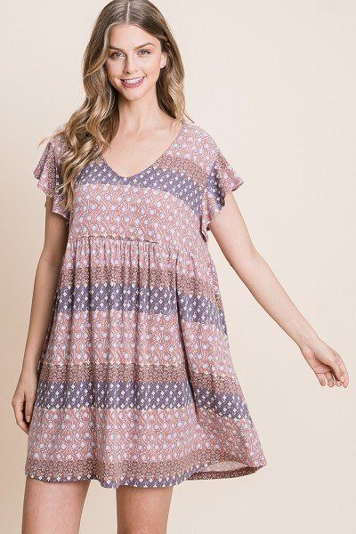 Floral Babydoll Mini Dress with Ruffle Sleeves – Mocha