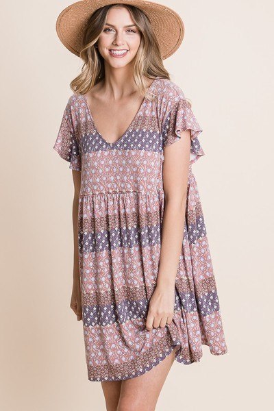 Floral Babydoll Mini Dress with Ruffle Sleeves – Mocha