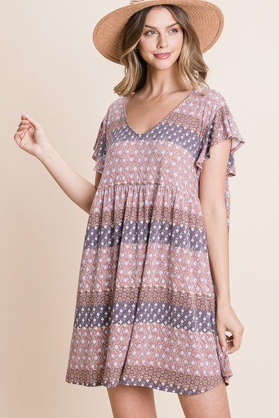 Floral Babydoll Mini Dress with Ruffle Sleeves – Mocha