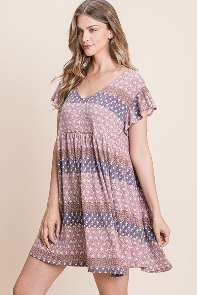 Floral Babydoll Mini Dress with Ruffle Sleeves – Mocha
