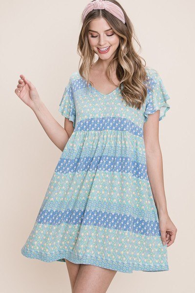 Floral Babydoll Mini Dress with Ruffle Sleeves – Blue