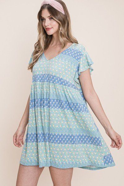 Floral Babydoll Mini Dress with Ruffle Sleeves – Blue