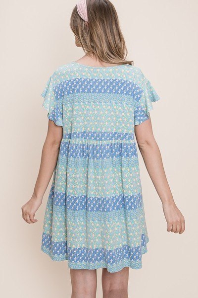 Floral Babydoll Mini Dress with Ruffle Sleeves – Blue