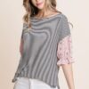 Striped Curved-Hem Top with Floral Chiffon Sleeves – Pink