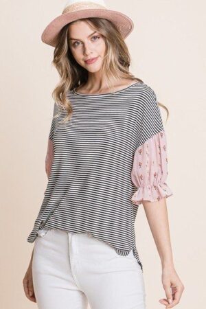 Striped Curved-Hem Top with Floral Chiffon Sleeves – Pink