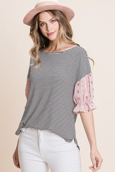 Striped Curved-Hem Top with Floral Chiffon Sleeves – Pink