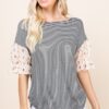 Striped Curved-Hem Top with Floral Chiffon Sleeves – Beige