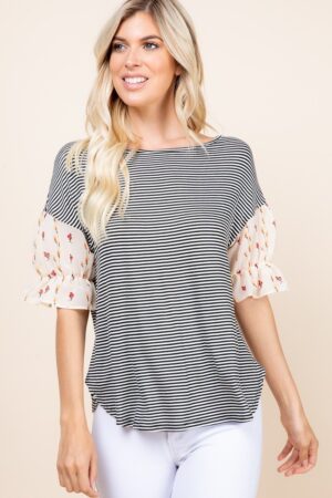 Striped Curved-Hem Top with Floral Chiffon Sleeves – Beige