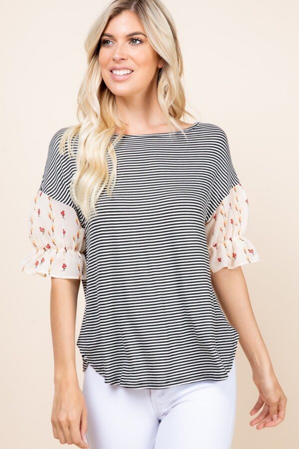 Striped Curved-Hem Top with Floral Chiffon Sleeves – Beige