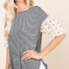 Striped Curved-Hem Top with Floral Chiffon Sleeves – Beige