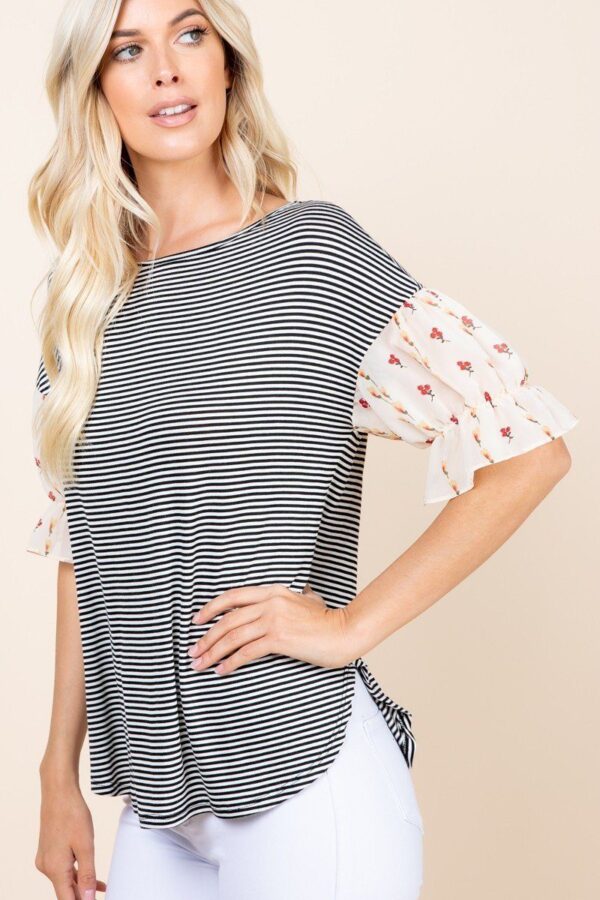 Striped Curved-Hem Top with Floral Chiffon Sleeves – Beige