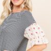 Striped Curved-Hem Top with Floral Chiffon Sleeves – Beige