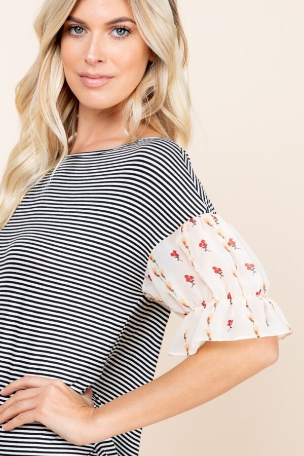 Striped Curved-Hem Top with Floral Chiffon Sleeves – Beige