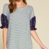 Striped Curved-Hem Top with Chiffon Floral Sleeves – Navy