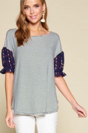 Striped Curved-Hem Top with Chiffon Floral Sleeves – Navy