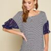 Striped Curved-Hem Top with Chiffon Floral Sleeves – Navy