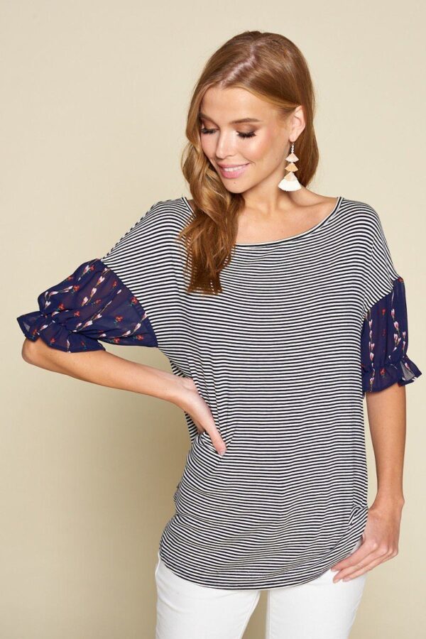 Striped Curved-Hem Top with Chiffon Floral Sleeves – Navy