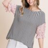 Striped Curved-Hem Top with Floral Chiffon Sleeves – Pink