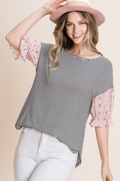 Striped Curved-Hem Top with Floral Chiffon Sleeves – Pink
