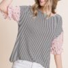 Striped Curved-Hem Top with Floral Chiffon Sleeves – Pink
