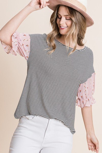 Striped Curved-Hem Top with Floral Chiffon Sleeves – Pink