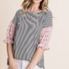 Striped Curved-Hem Top with Floral Chiffon Sleeves – Pink
