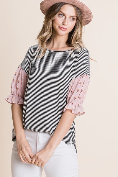 Striped Curved-Hem Top with Floral Chiffon Sleeves – Pink