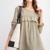 Ruffled Long-Sleeve Oil-Washed Knit Tunic – Faded Olive
