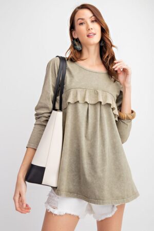 Ruffled Long-Sleeve Oil-Washed Knit Tunic – Faded Olive