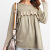 Ruffled Long-Sleeve Oil-Washed Knit Tunic – Faded Olive
