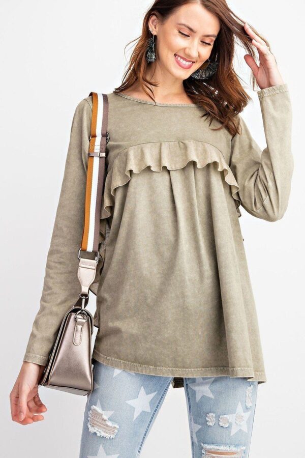 Ruffled Long-Sleeve Oil-Washed Knit Tunic – Faded Olive