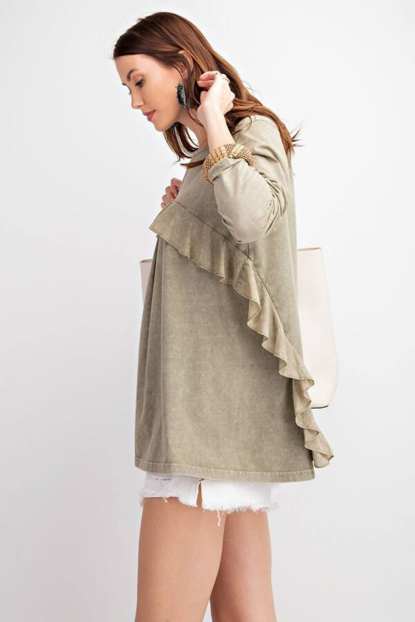Ruffled Long-Sleeve Oil-Washed Knit Tunic – Faded Olive