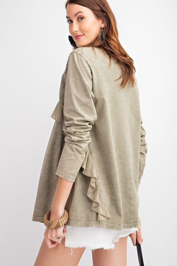Ruffled Long-Sleeve Oil-Washed Knit Tunic – Faded Olive