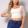 Polka Dot Mesh Puff Sleeve Contrast Top – Nude