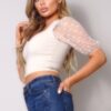 Polka Dot Mesh Puff Sleeve Contrast Top – Nude